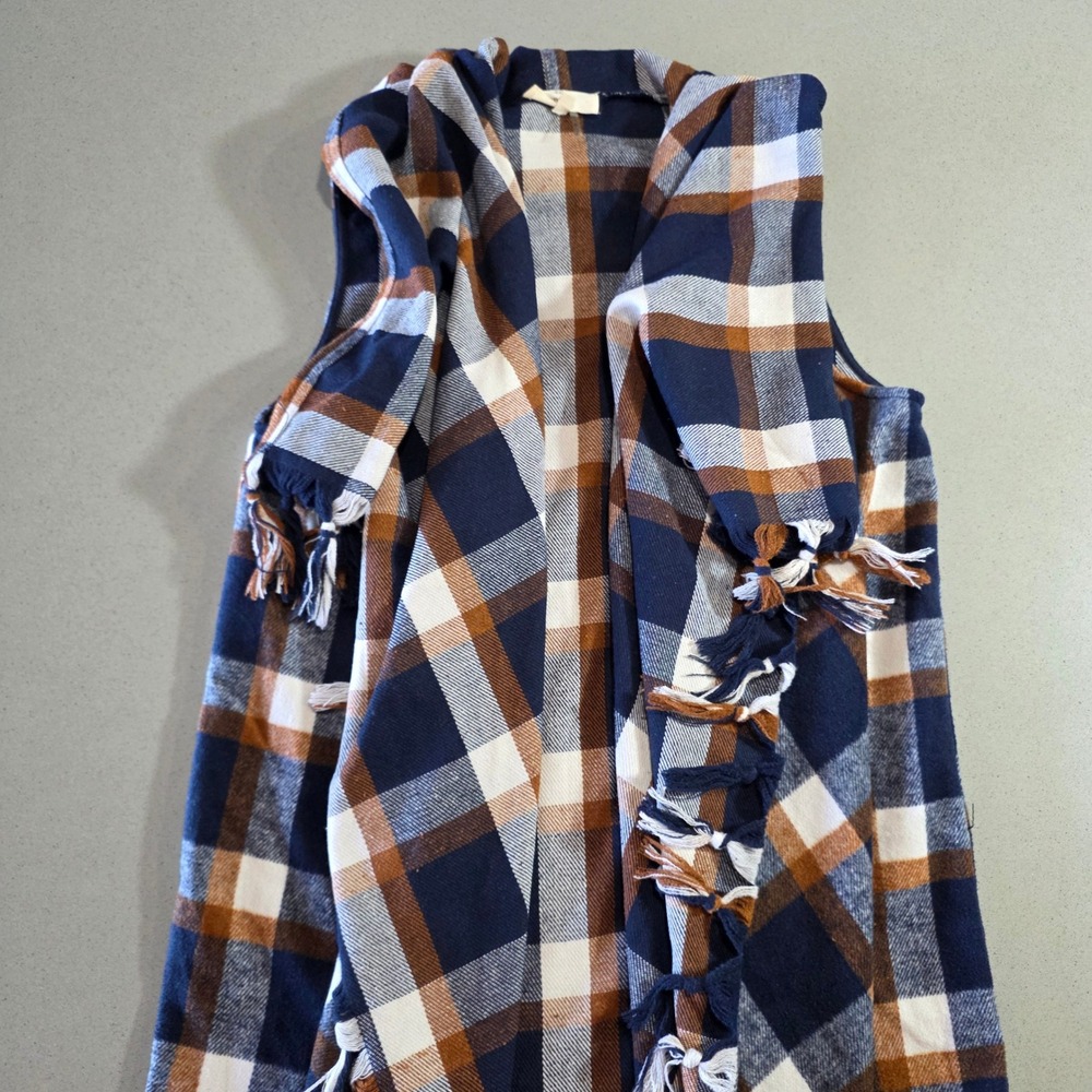 Entro Women Navy Blue Brown Plaid Fringe Tassel Open Front Vest Size S
